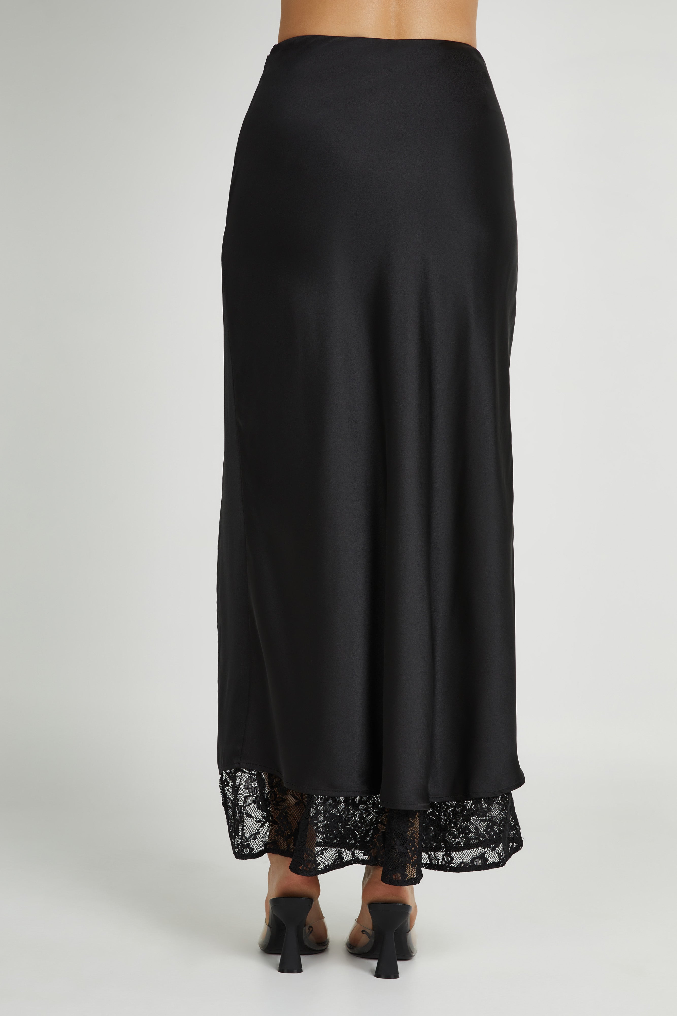 Mia Satin Lace Midi Skirt – Black