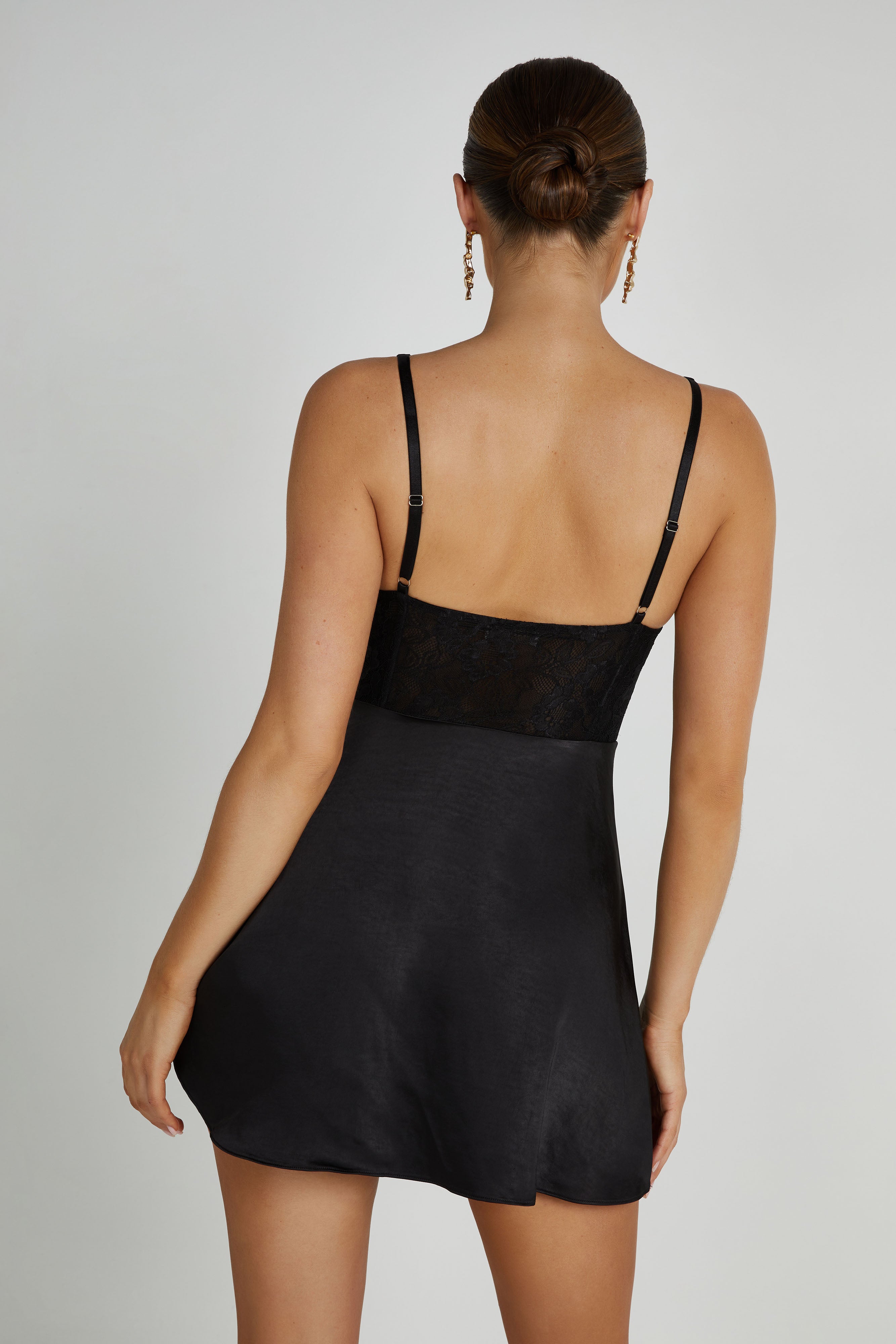 Kerrie Mini Halter Satin And Lace Dress – Black
