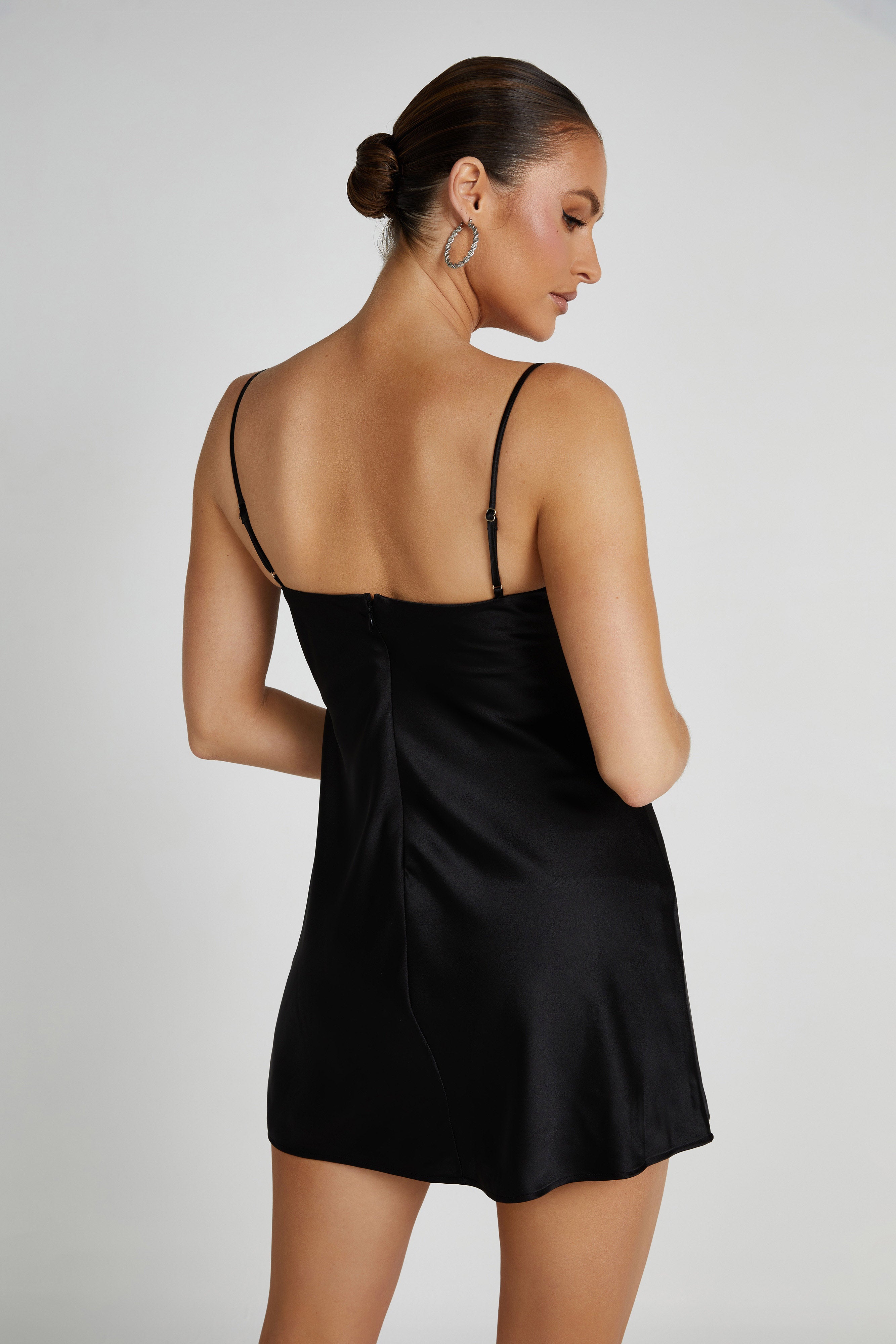 Zahli Top Stitch Satin Mini Dress – Black