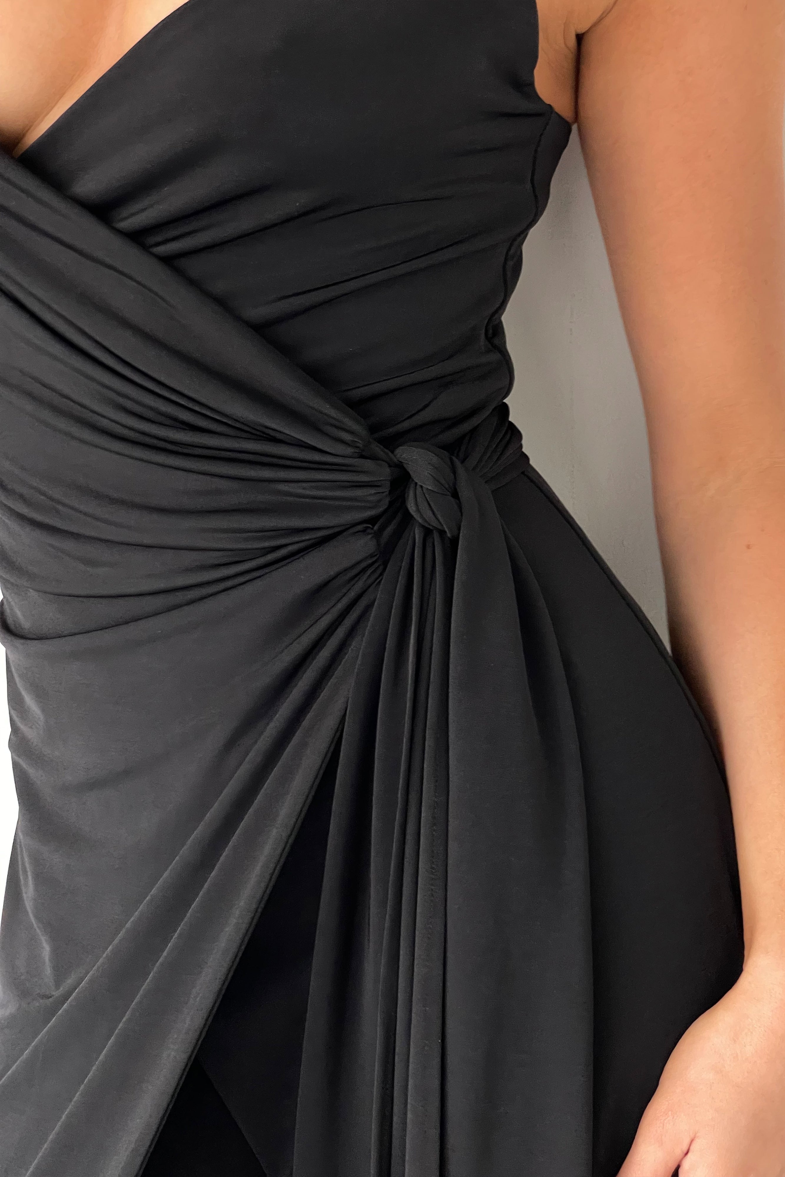 Caroline Draped Wrap Midi Dress – Black