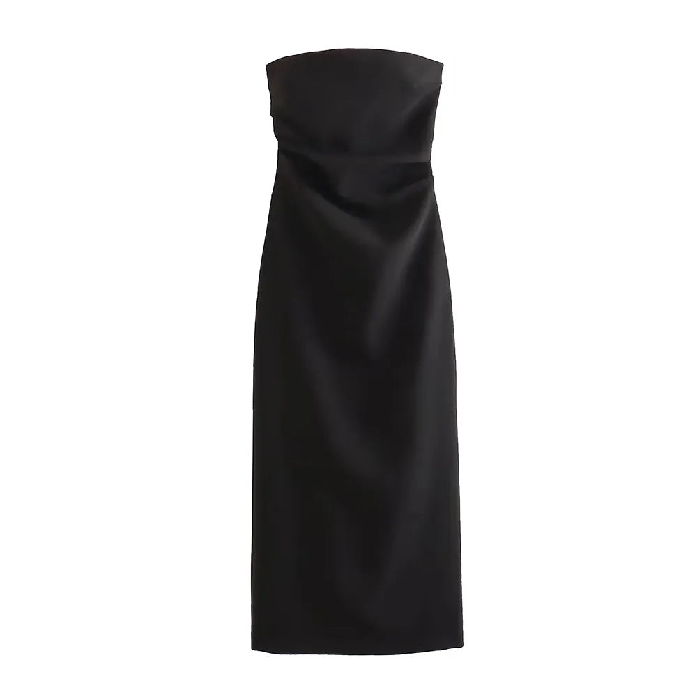 Strapless Gathered Midi Dress Sexy Straight Neck Back Slit