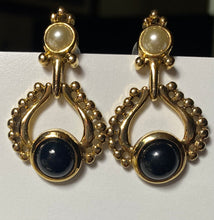 Load image into Gallery viewer, Premier Designs “Pegasus” onyx and faux pearl goldtone granulated hinged hoop post earrings
