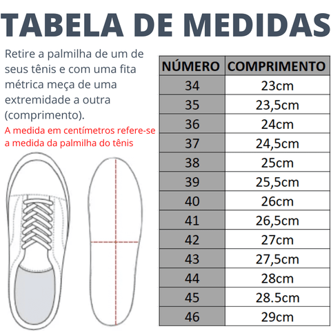 tabela de medidas Tênis Feminino Onça