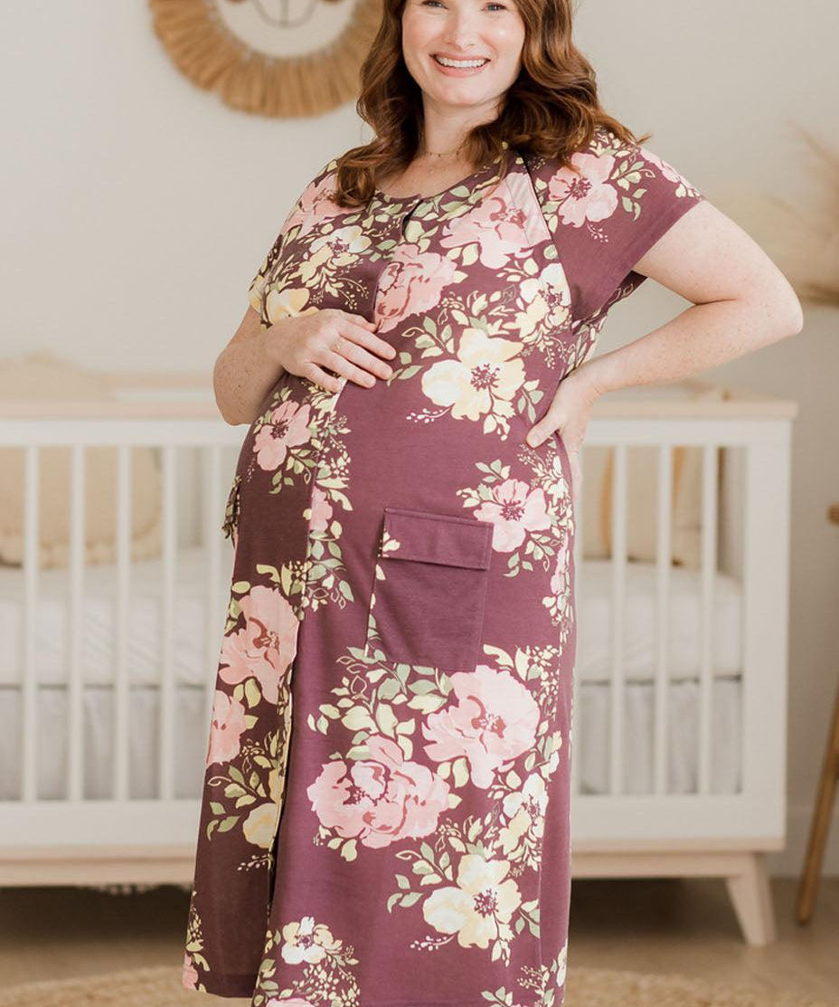 Universal Labor and Delivery Gown in Burgundy Plum Floral