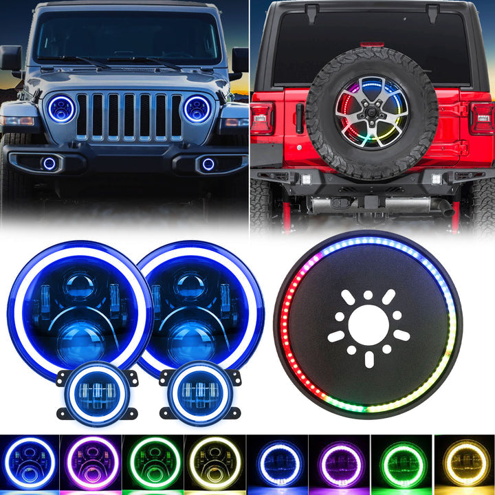 Jeep wrangler RGB Halo Headlights Fog Lights Set And 3rd Third Brake L –  Golf and Leisure