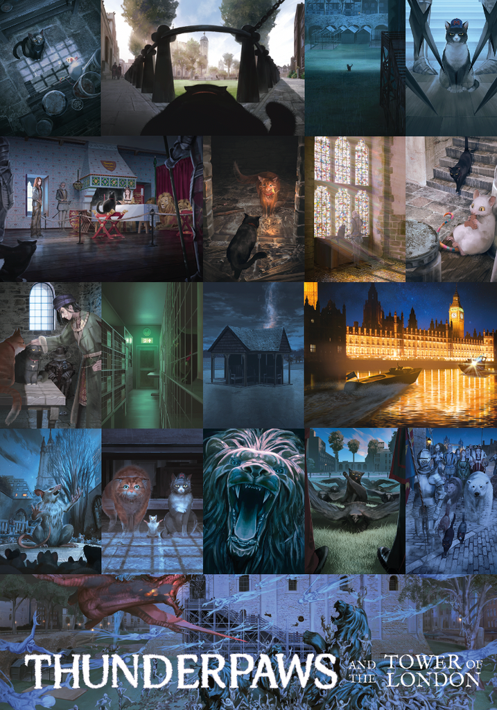 Montage of MonoKubo's images in Ben Housden's Thunderpaws and the Tower of London