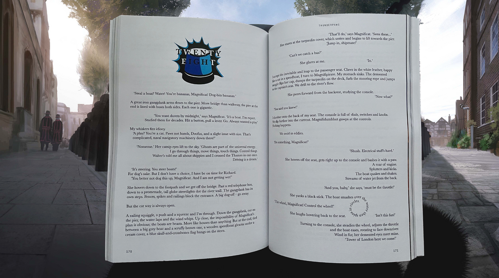 Image of a double page spread from Ben Housden's Thunderpaws and the Tower of London showing Robyn Lawrence's unique print layout