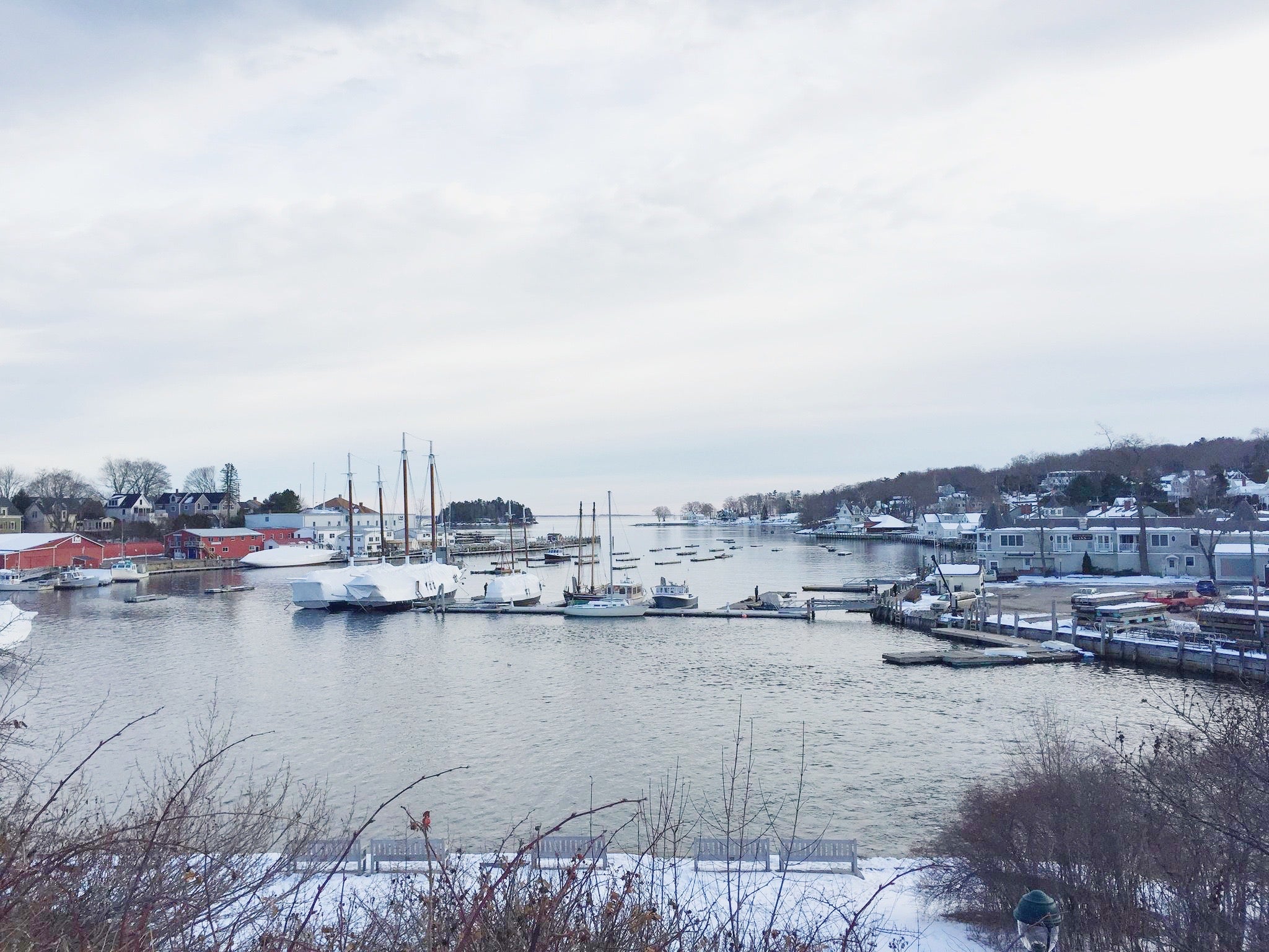 Camden harbor at dusk in the winter