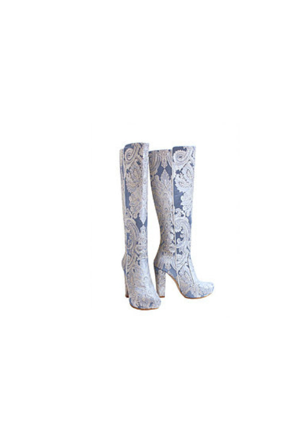 Zeyzani Ice Blue Chunky Heel Knee High Boot