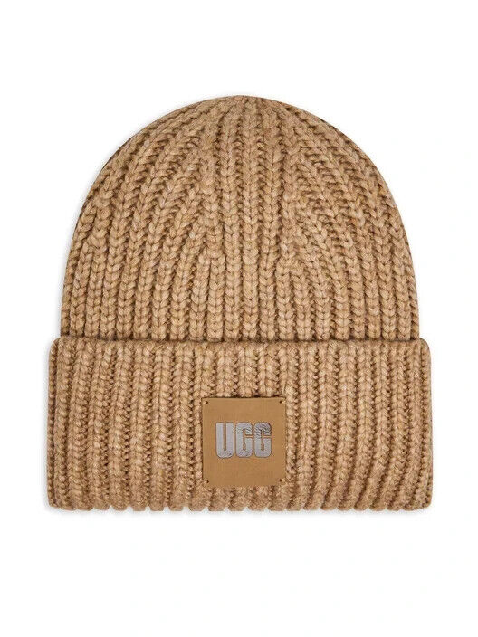 Ugg Chunky Beanie Women's Camel Rib Knit Logo Patch Fold Over Cuff Hat