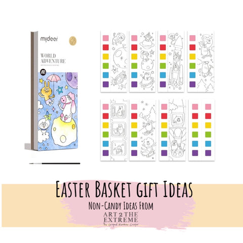 Paint with Watercolor Book Bookmark gift for kids, text says Easter Basket Gift Ideas, non-candy ideas from Art 2 the Extreme