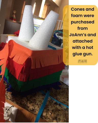 DIY piñata costume hat or headpiece tutorial. Image is of the top part of the piñata halloween costume for kids and says,"cones and foam were purchased from JoAnn Fabrics and attached with a hot glue gun. "