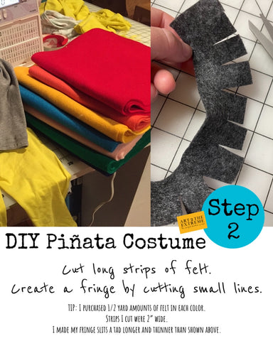 DIY Piñata costume for kids step 2 is to cut long strips of felt and create a fringe by cutting small lines almost all the way to the edge of each strip. I purchased 1/2 yard amounts of felt from JoAnn Fabrics.