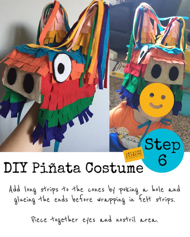 DIY piñata costume for kids headpiece tutorial. Image of the completed rainbow colored piñata headpiece says to piece together eyes and nostril area. Use a hot glue gun to add the piñata features.