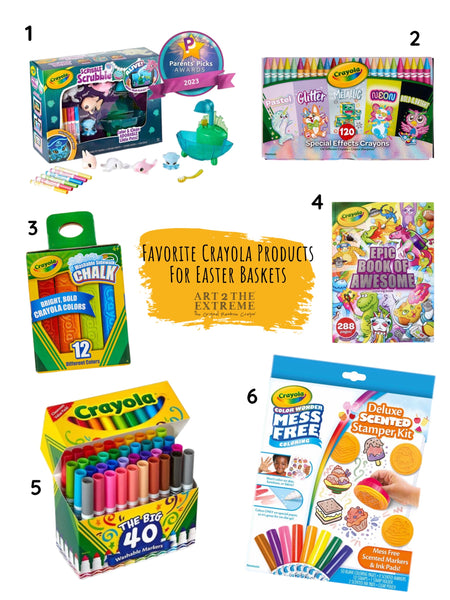 6 Top Crayola art and craft products for Easter Basket ideas for kids. Crayons, chalk, coloring book, animal play set, markers, and more