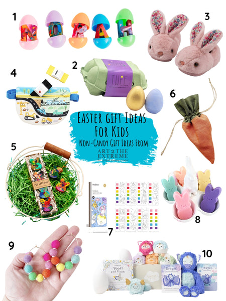 10 Easter present ideas for kids, includes images of name crayons, bunny skippers, chalk, earrings, Slumberkins, and watercolor coloring books for kids