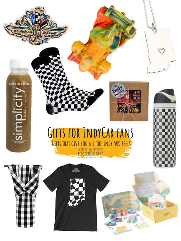 10 Indianapolis 500 gifts including t-shirts, beverages, a race car crayon, and a Indianapolis Motor Speedway merch