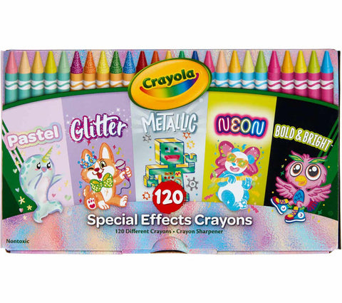 Glitter crayons, neon crayons, pearl crayones, metallic crayons, and bold and bright crayons in this special effects 120 count Crayola Crayon Box gifts set for Easter