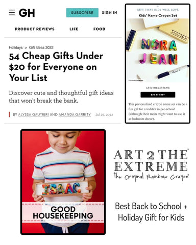 Art2theExtreme personalized crayons featured in Good Housekeeping. We are happy to provide school gift ideas for the start of the school year and beyond! Mother's Day card ideas shared