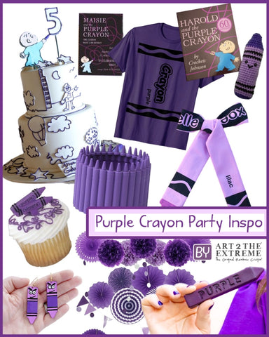 Purple birthday party decorations and favors to celebrate the Harold and the Purple Crayon movie.