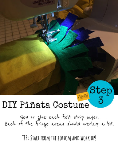 DIY Piñata costume for toddler. Step 3 Piñata costume tutorial. Sew or glue each layer of the fringe felt, overlapping the layers a little each time. Start from the pants and work your way up the Piñata costume.