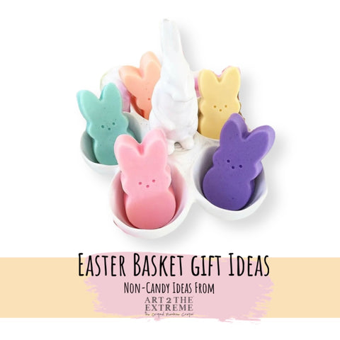 5 colored Peep bunny soaps in a white bunny Easter dish, Pastel bunny soap is from soap company Sunbasil Soap on Amazon, Text says Easter basket gift ideas: non-candy gifts ideas from Art 2 the Extreme