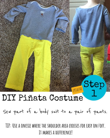 DIY Piñata Costume for kids instructions. Step 1 is to sew part of a bodysuit to a pair of pants. Use a onesie bodysuit so the Piñata costume can slip off the shoulders easily.