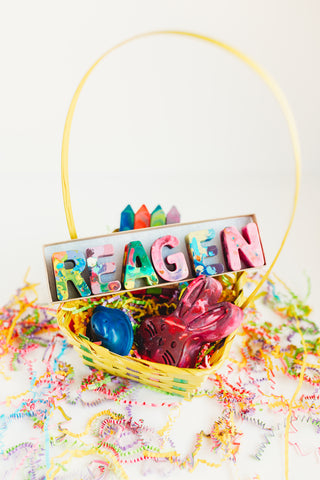 Easter Basket with the name REAGAN in pastel, colorful crayon letters. Rainbow Crayon Easter Basket Gift Idea-bestselling easter gifts