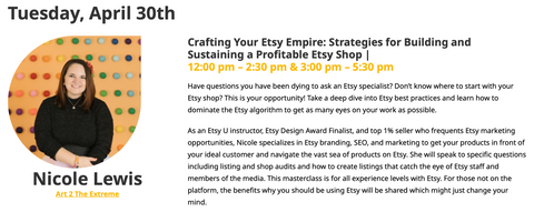 Nicole Lewis, Etsy Expert and Etsy Coach, will be teaching an Etsy Masterclass at h+h americas on Tuesday, April 30th, 2024 in Chicago, IL