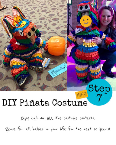 piñata costume for toddler tutorial, Step 7 says to enjoy the piñata costume and win all the Halloween costume contests! Image is of toddler wearing piñata costume standing next to his mother.