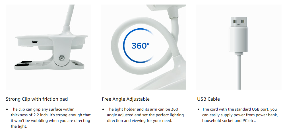 4W LED Clip-on Reading Light, strong clip with friction pad, free angle adjustable, USB cable