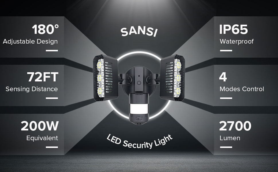 27W LED Security Light (Dusk to Dawn & Motion Sensor) with IP65 waterproof, 180° adjustable design, 72 FT sensing design