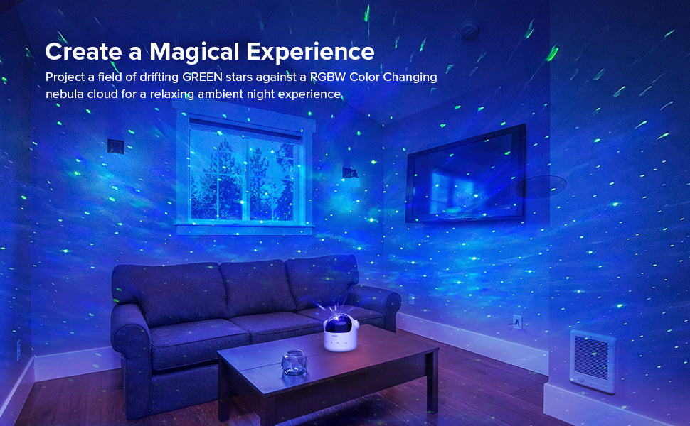 Create a Magical Experience：Project a field of drifting GREEN stars against a RGBW Color Changing nebula cloud for a relaxing ambient night experience.