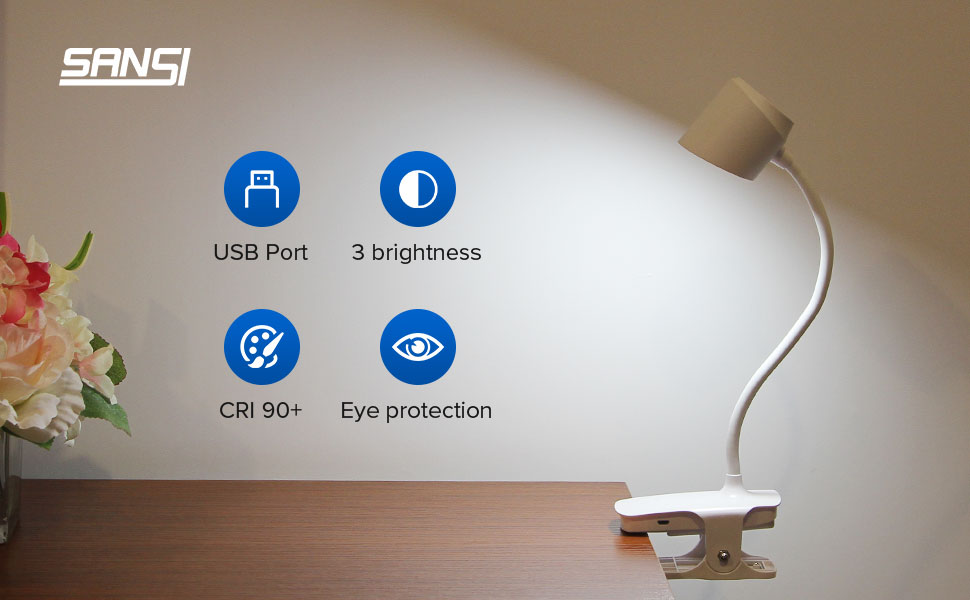4W LED Clip-on Reading Light, US port, 3 brightness, CRI 90+, eye protection