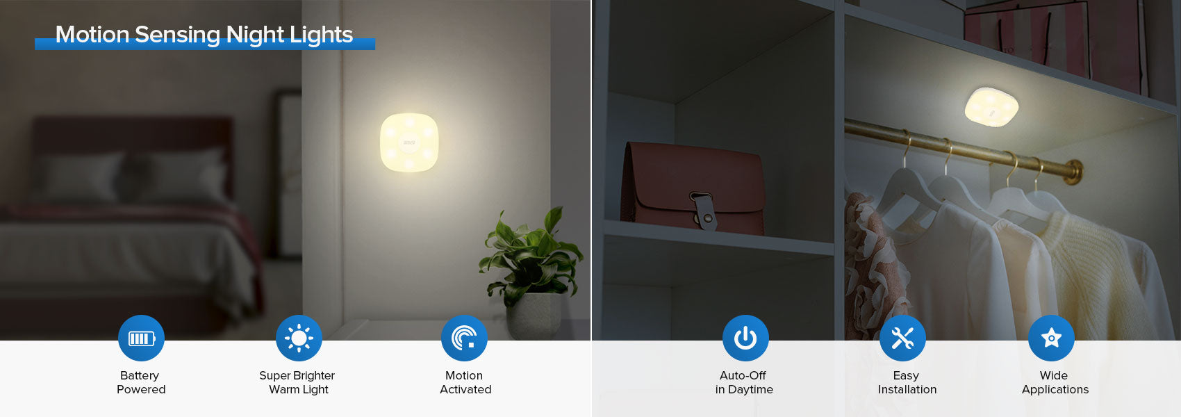 Motion Sensing Night Lights，Battery Powered、Super Brighter Warm Light and Motion Activated.