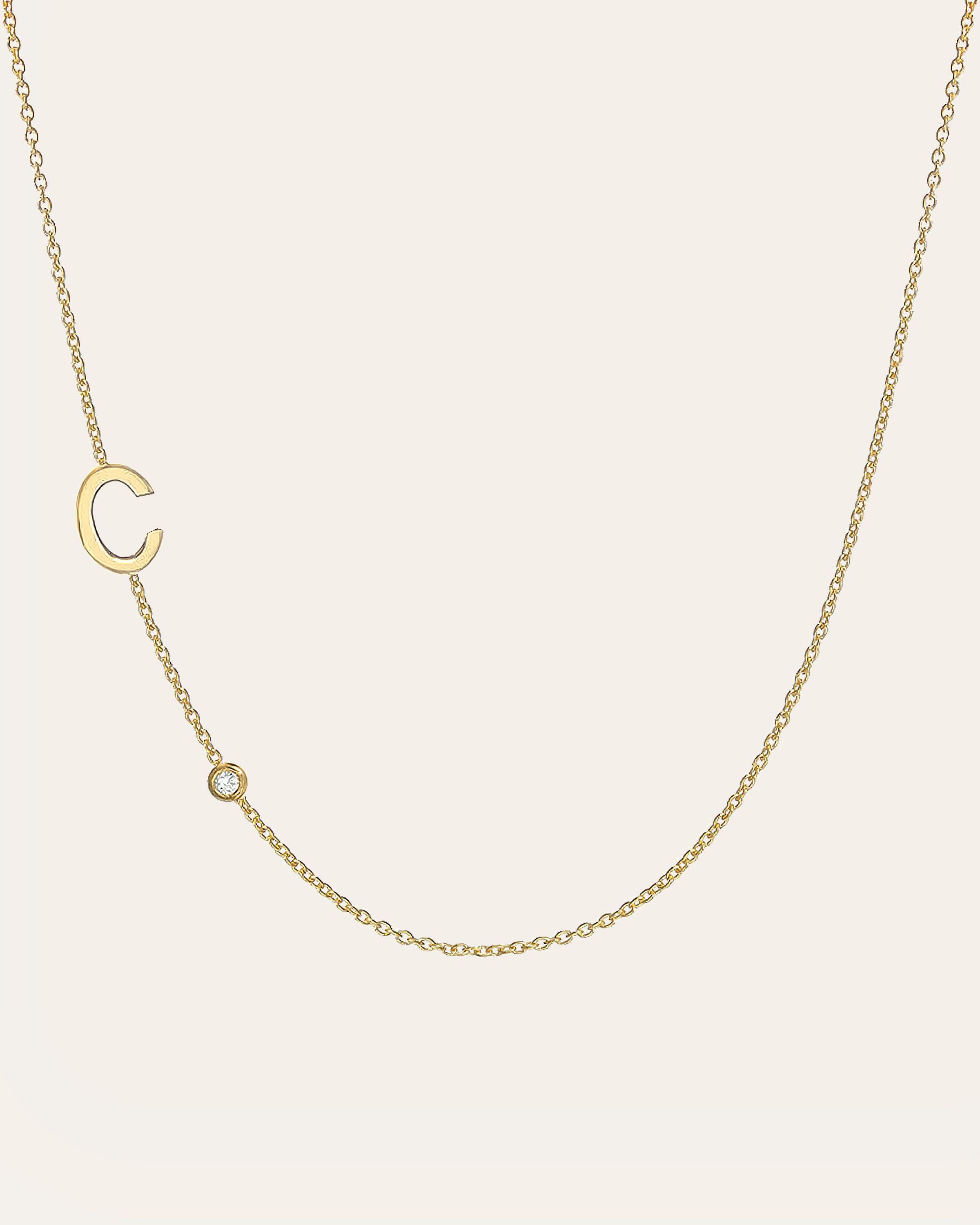 Image of 14k Gold Asymmetrical Initial and Bezel Diamond Necklace