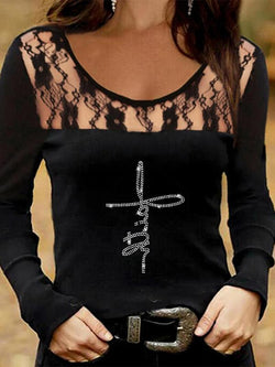 Round Neck Rope Tied Hollow Out Rhinestone Mesh Long Sleeve Top