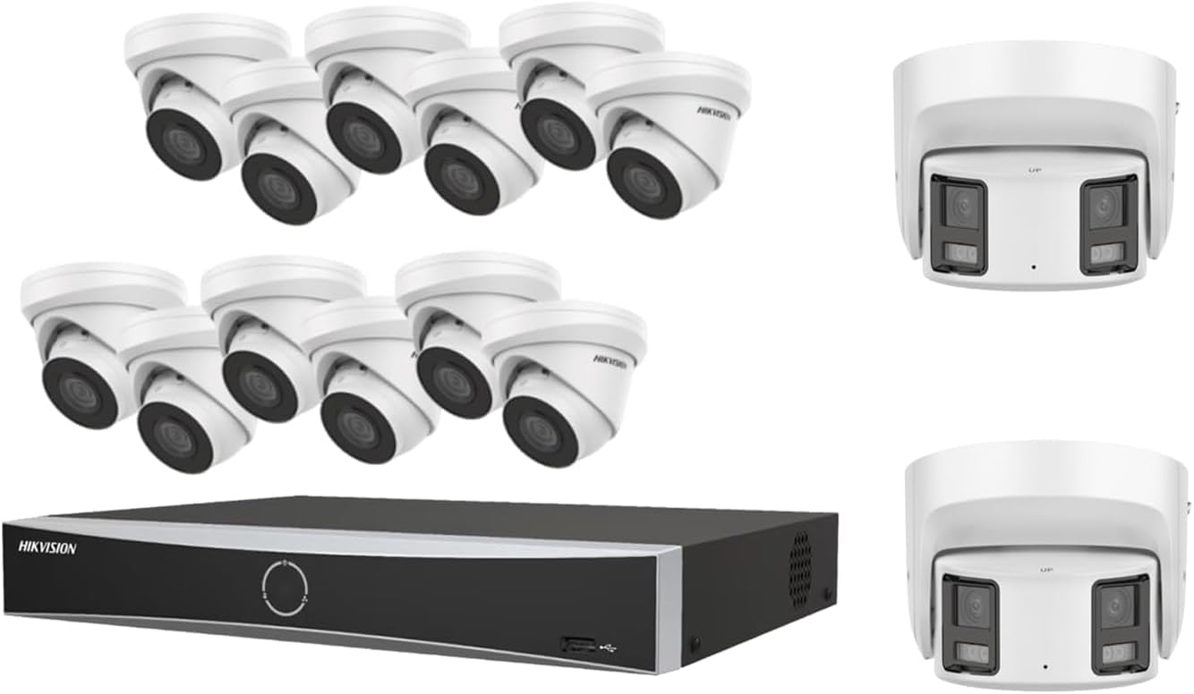 Hikvision IP Camera System, 8MP NVR Kit, 16 Channel 4K NVR 4TB with 12 x 4K Turret Dome Cameras 2.8mm +180° Panormic Wide Angle POE IP Camera, IP67 H.265+ Compatible with Hikvision Hik-Connect