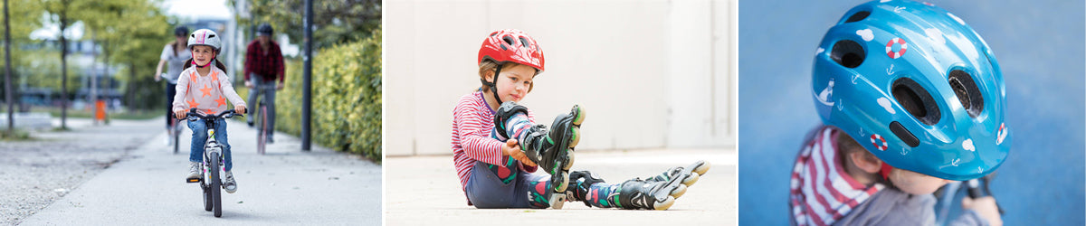 Kinder fahren mit Fahrzeugen über Gehwege und dank eines Helmes wird Ihren Kindern auch nichts passieren