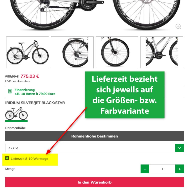 Screenshot Artikeldetailseite Info Liefertermin