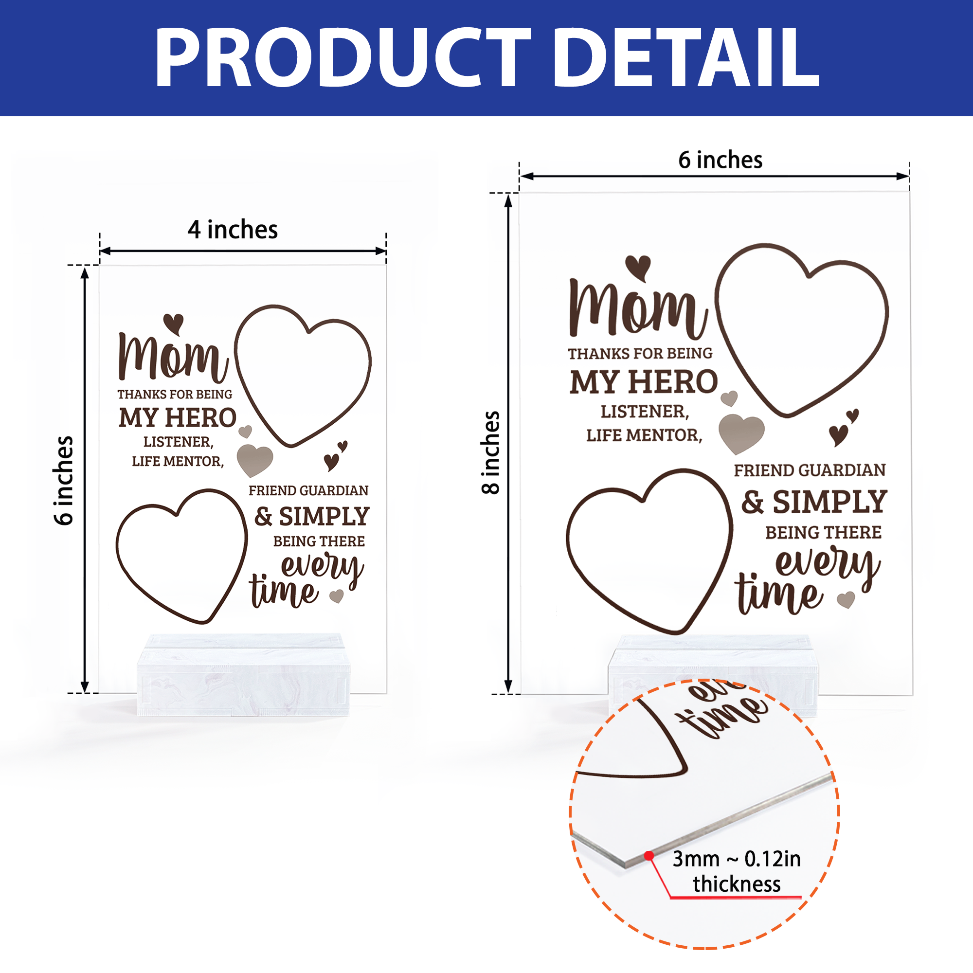 Clear acrylic plaque detail with mom heart shaped design