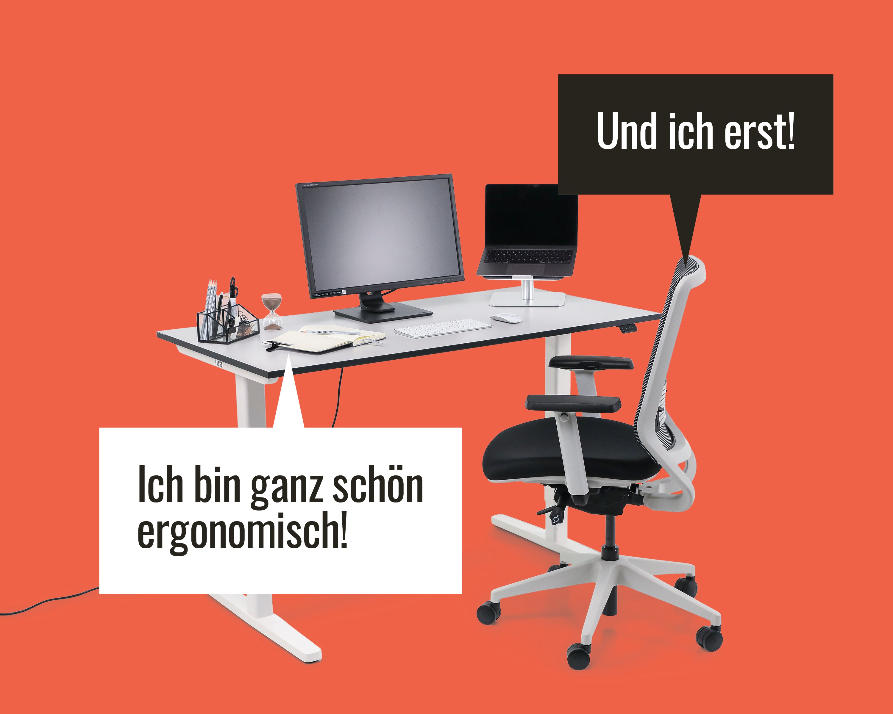 Ein ergonomischer Arbeitsplatz besteht aus Bürostuhl und höhenverstellbarem Schreibtisch.