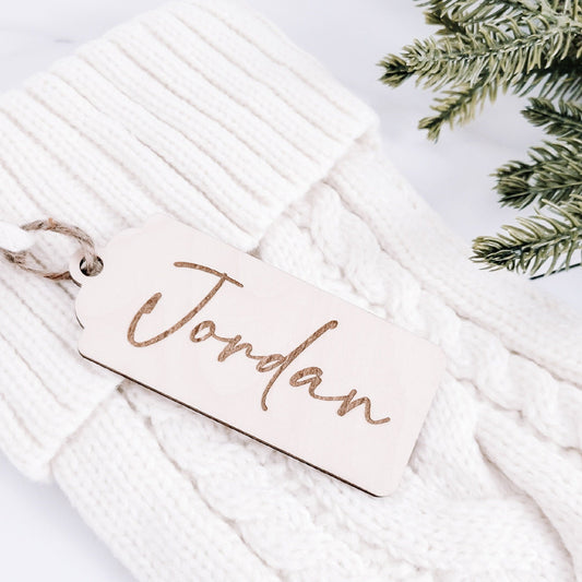 Christmas Stocking Tags in Acrylic and Wood, Custom Name Tags for Gifts and  Table Decor - Taylor Street Favors
