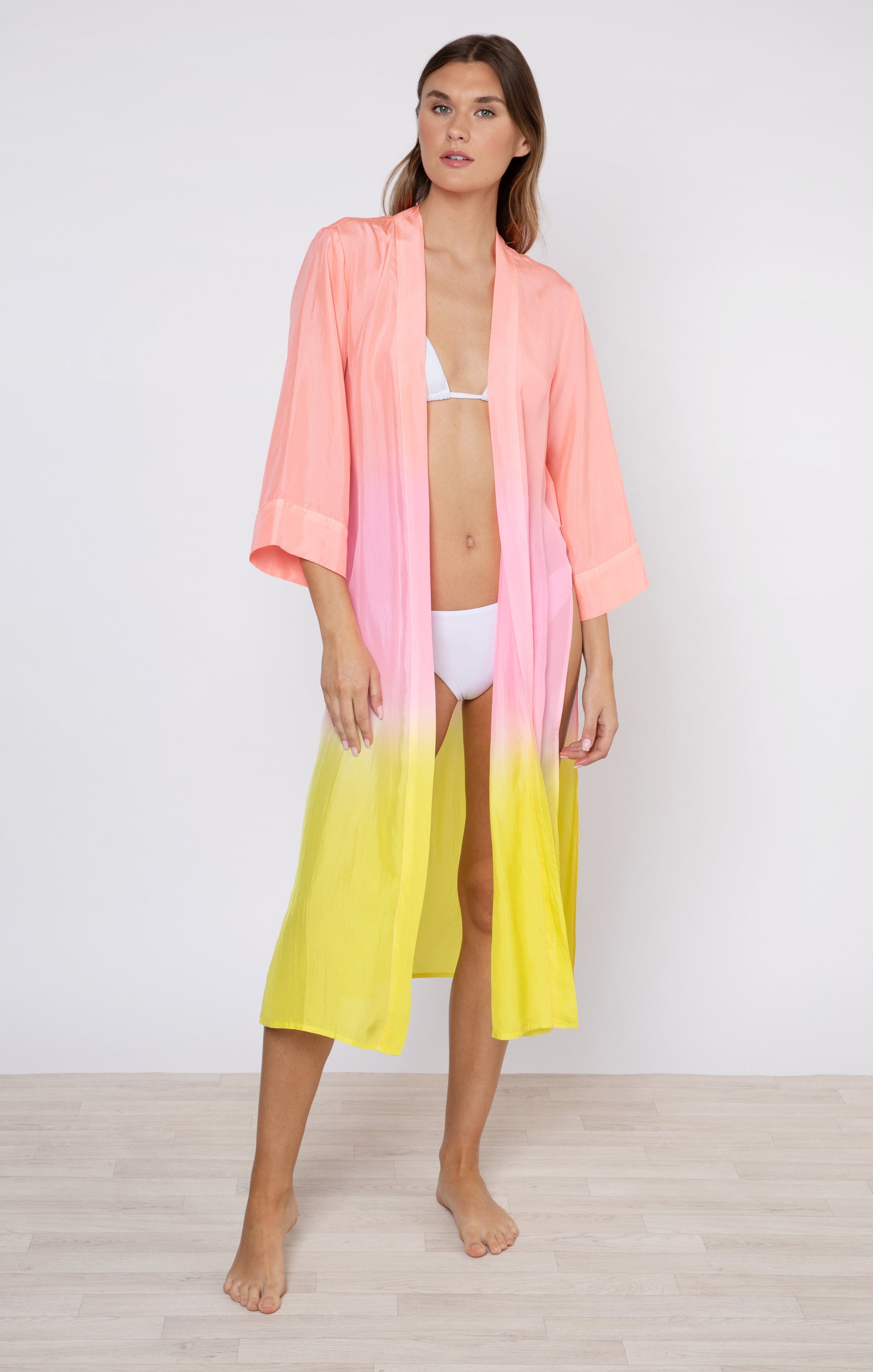 Silk Ombre Maxi Kimono in Coral, Candy and Chartreuse