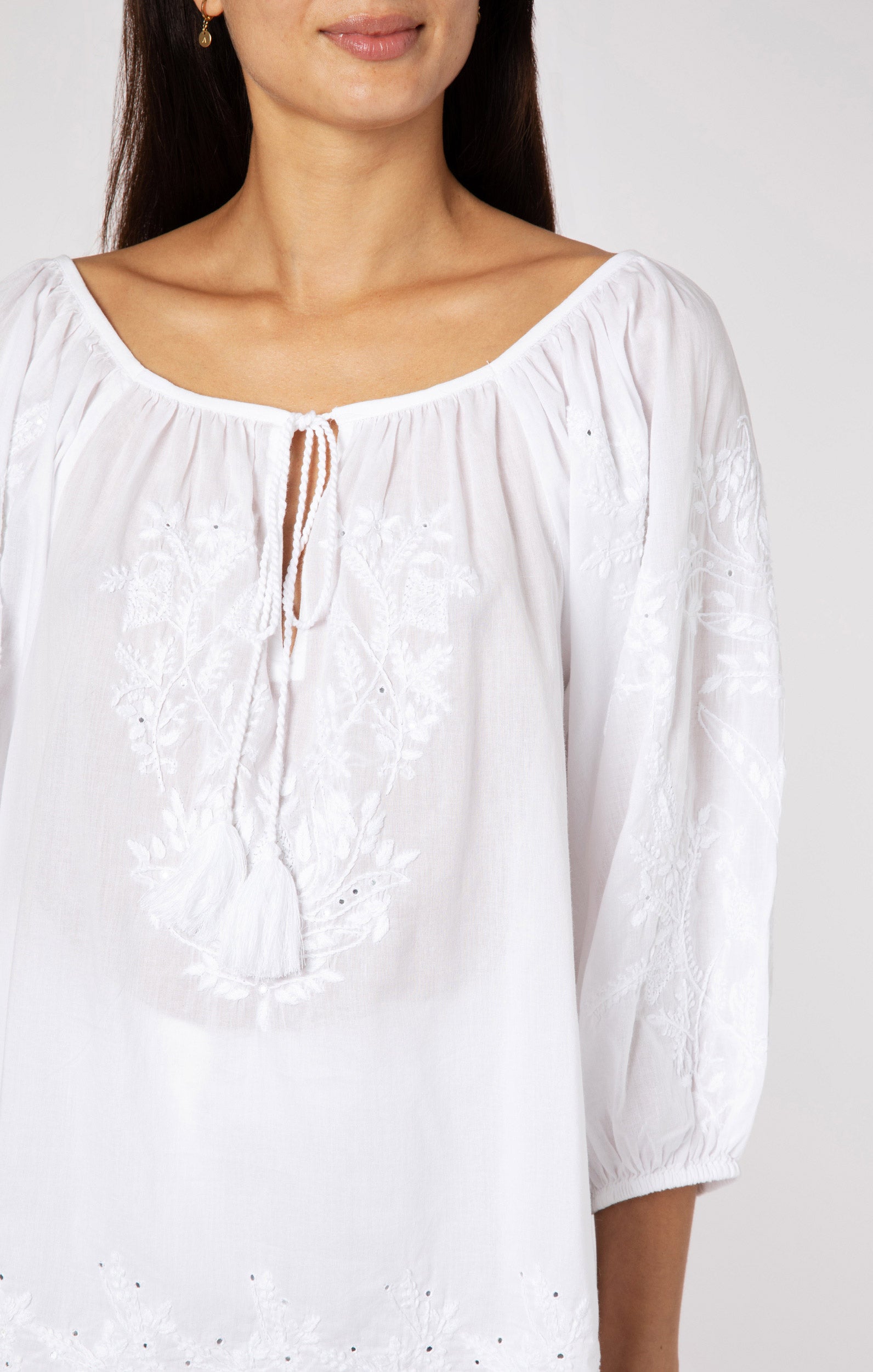 White Boho Top with Tonal Embroidery