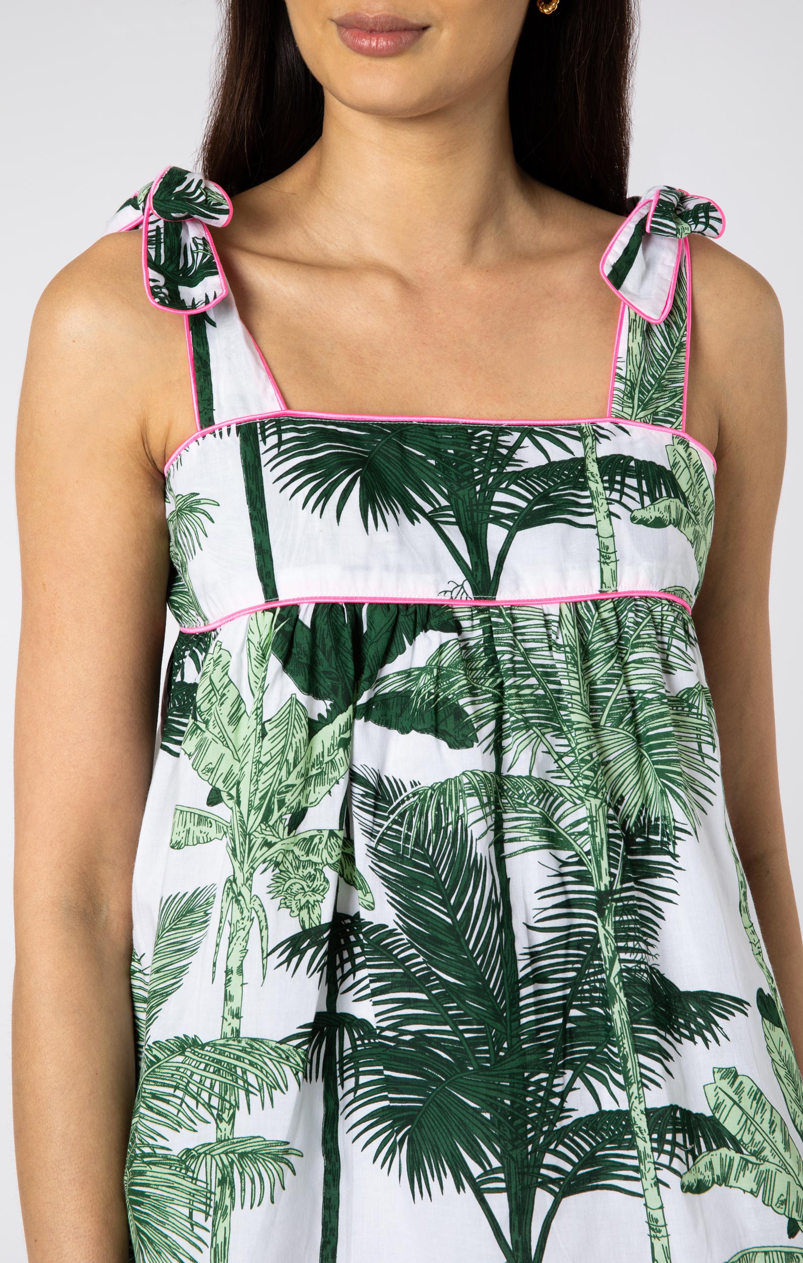 Tie Shoulder Baby Doll Top in Green Palm Print