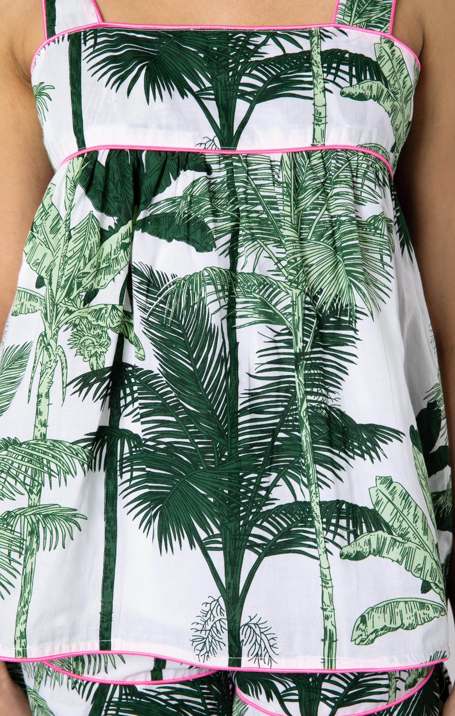 Tie Shoulder Baby Doll Top in Green Palm Print