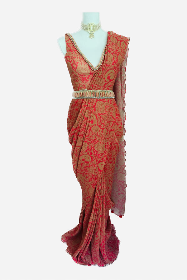Buy Peach vintage Trails Printed Pre-Stitched Saree Dress With Metal Belt  Online for Women by SOUGAT PAUL - 3877926