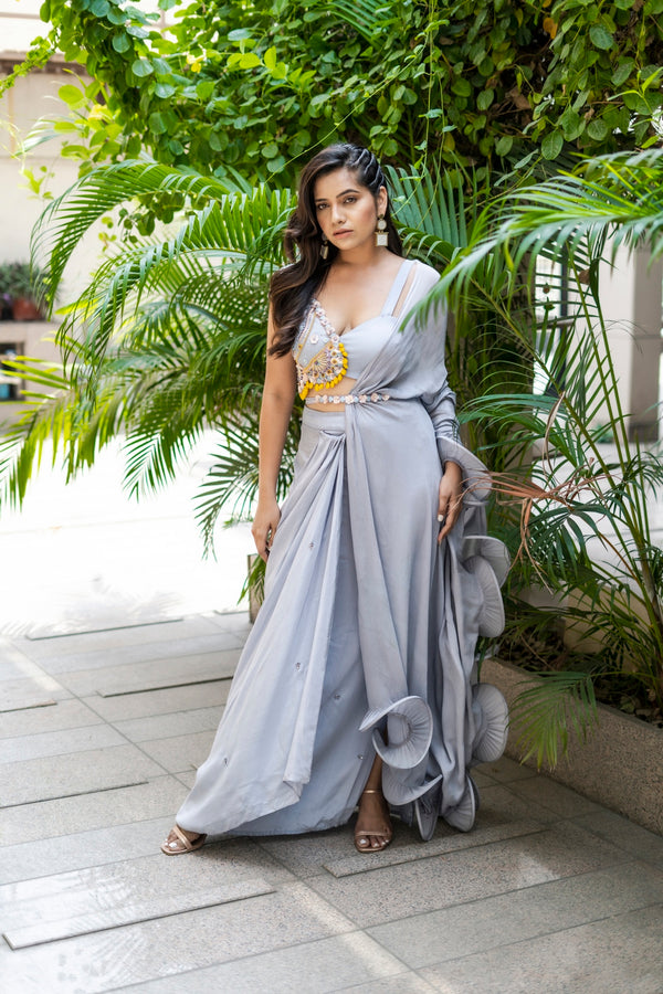 _akshita_s stuns in a Nude Drape Saree with a bralette blouse and