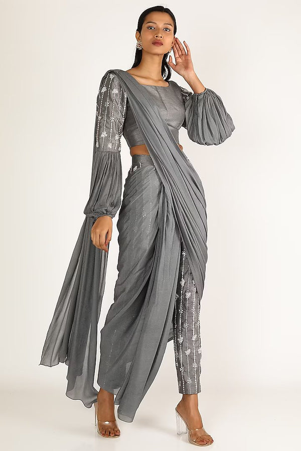 Purple Silk Printed Draped Pant Saree Set Design by Rajdeep Ranawat at  Pernia's Pop Up Shop 2024